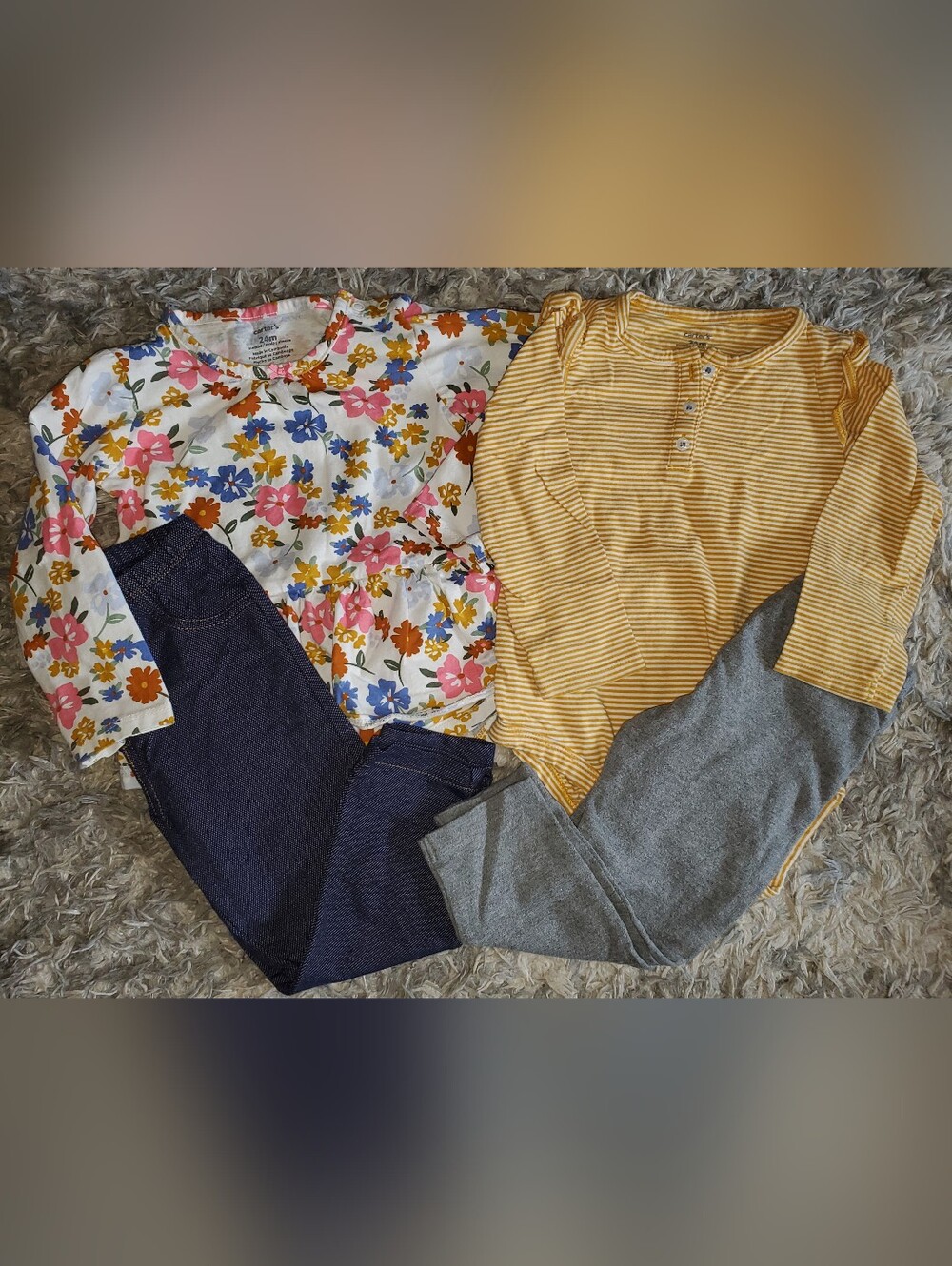 4 Piece 24 Month Girls' Floral Long-Sleeve Top & Mustard Stripe Henley Outfits
